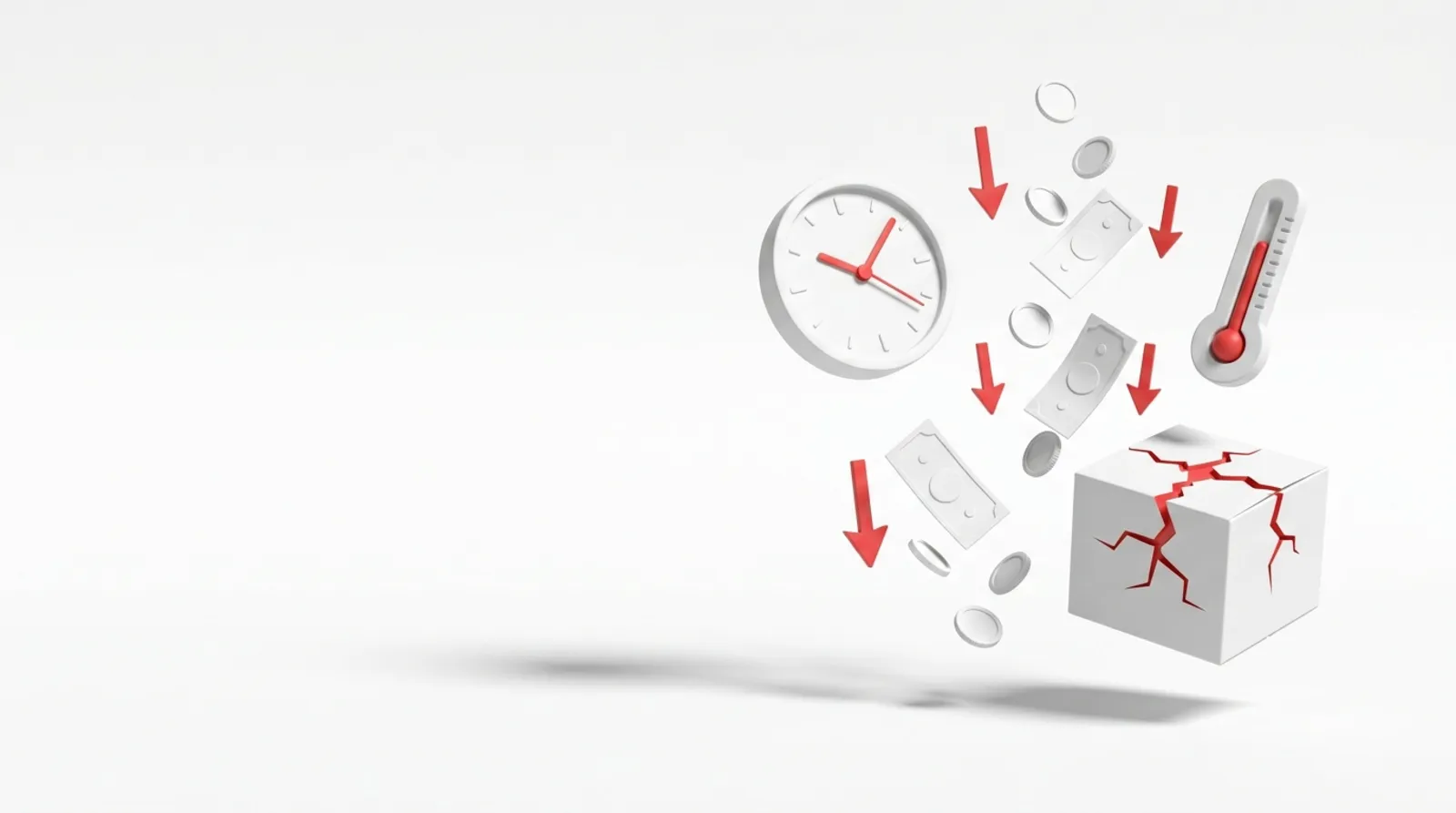Clock, money and a damaged box illustrating operational losses