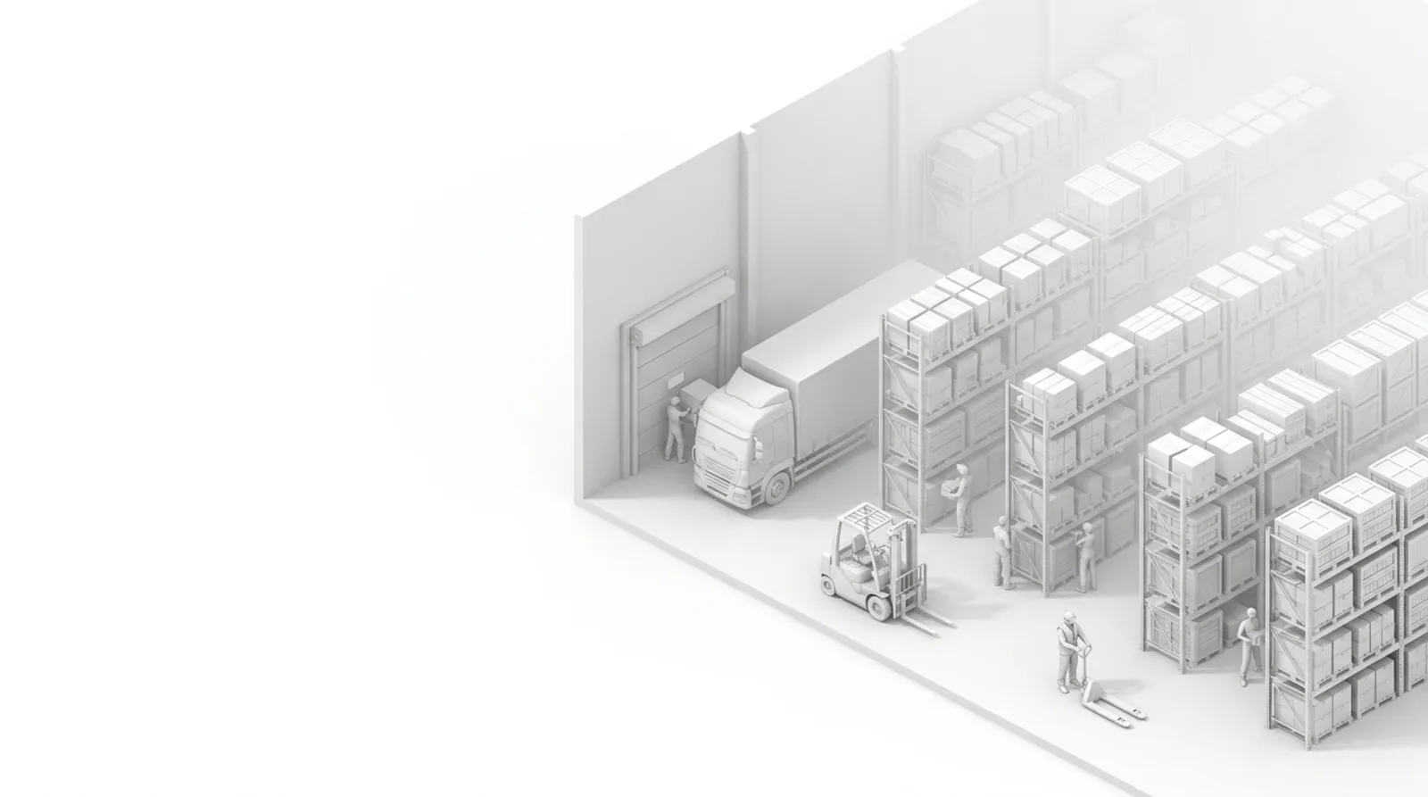 Busy warehouse with trucks, forklifts and workers